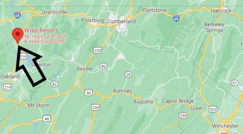 Map highlighting Wisp Resort, a ski resort offering golf and seasonal sports in Maryland.