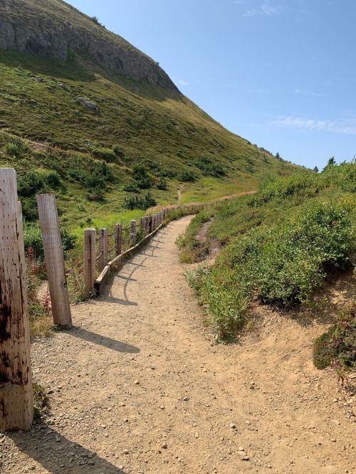 A winding dirt path through lush green hills under a clear blue sky. Wooden fence lines the trail.