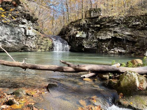 A serene waterfall cascades into a clear pool, surrounded by rocky cliffs and autumn foliage. A log rests on the water's edge.