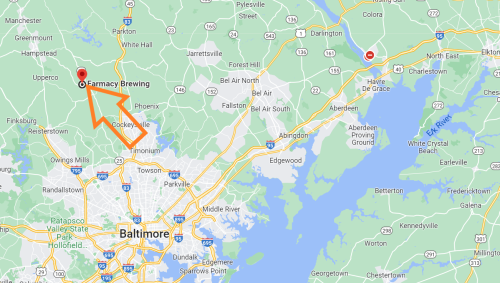 Map showing Baltimore, Maryland, with an arrow pointing to Farmacy Brewing, located in Upperco, Maryland.