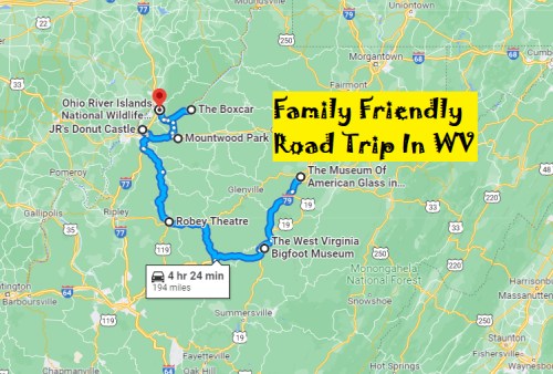Map showing a family-friendly road trip route in West Virginia, highlighting various attractions and destinations.