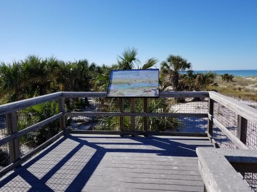 View from a wooden deck overlooking a beach, with a map sign and palm trees under a clear blue sky.