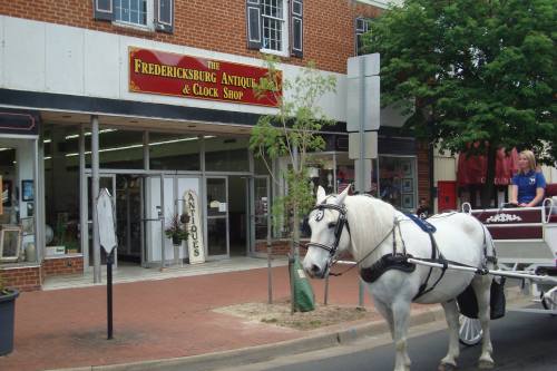 A white horse in harness stands in front of the Fredericksburg Antique & Clock Shop, with a brick building in the background.