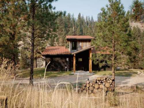 A modern house with a metal roof, surrounded by trees and grass, with a stack of logs in the foreground.