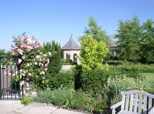 A serene garden scene featuring blooming roses, lush greenery, and a stone gazebo under a clear blue sky.