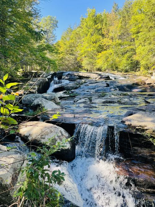 A serene waterfall cascades over rocky terrain, surrounded by lush green trees under a clear blue sky.