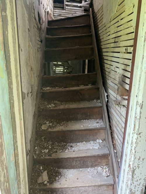 A dimly lit staircase in a dilapidated building, with peeling walls and debris scattered on the steps.