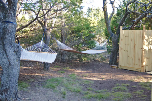 Two hammocks are suspended between trees in a wooded area, with a wooden structure nearby.