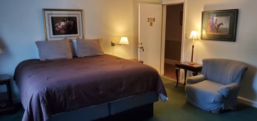 Cozy hotel room with a large bed, two lamps, a chair, and artwork on the walls. Door labeled "208" in the background.