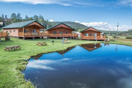 Two wooden cabins by a pond, surrounded by green grass and trees under a blue sky with scattered clouds.