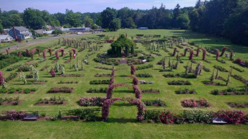 Aerial view of a beautifully landscaped garden with symmetrical flower beds and arched pathways.