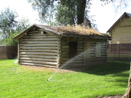 A rustic log cabin with a grassy roof, surrounded by green grass and trees, with water spraying from a sprinkler.