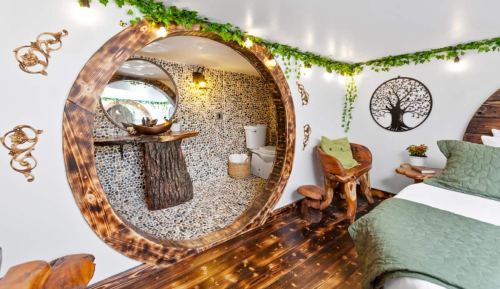 Cozy, nature-inspired room with circular wooden accents, a unique bathroom, and greenery decor.