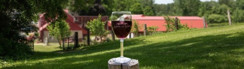A glass of red wine sits on a wooden stump, with a scenic green landscape and a barn in the background.