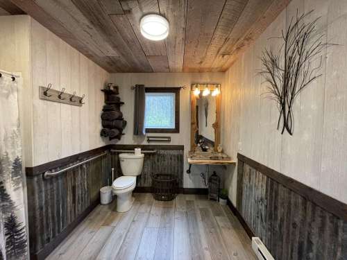 A rustic bathroom featuring wood paneling, a toilet, a sink with a mirror, and decorative elements like plants and towels.