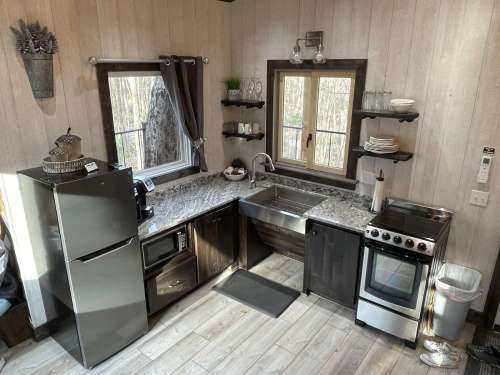 A cozy kitchen with a black fridge, stainless steel stove, and granite countertops, featuring wooden walls and natural light.