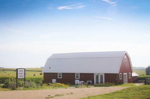 A red barn with a white roof at Three Pines Farm, surrounded by green fields and a clear blue sky.