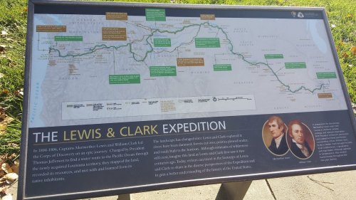 Sign detailing the Lewis and Clark Expedition route, featuring a map and historical information about their journey.