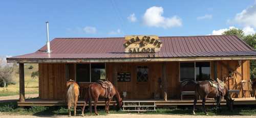 A rustic wooden saloon with a sign, featuring three horses tied up in front under a clear blue sky.