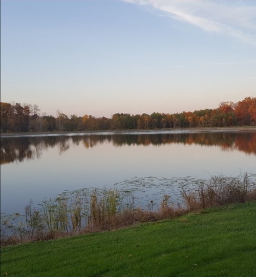 A serene lake reflecting autumn trees, with lush green grass in the foreground and a colorful sunset sky.