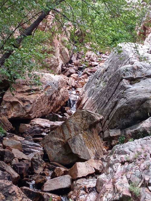 A rocky landscape with a small stream flowing through, surrounded by greenery and large boulders.
