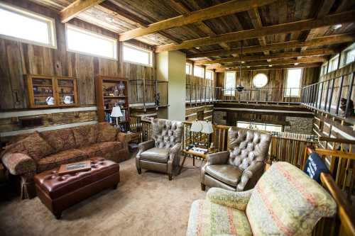 Cozy, rustic living room with wooden beams, plush seating, and a warm, inviting atmosphere.