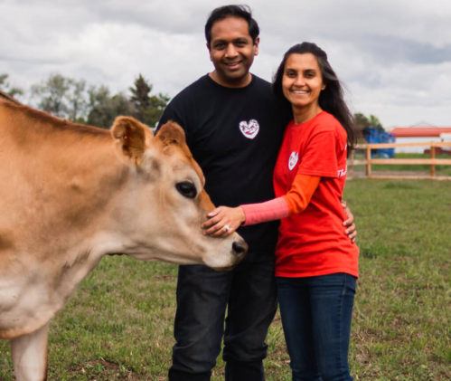A man and woman smile while petting a cow in a grassy field, with trees and a cloudy sky in the background.