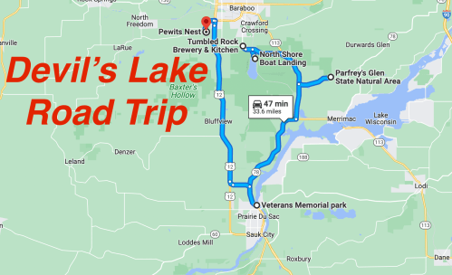 Map showing a road trip route to Devil's Lake, highlighting stops at Pewit's Nest, Tumbled Rock, and Veterans Memorial Park.