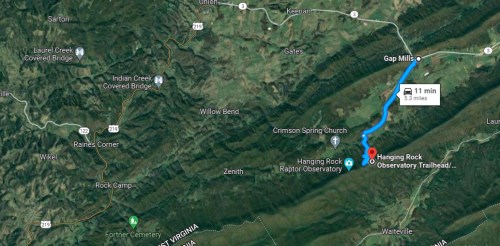 Map showing directions from Gap Mills to Hanging Rock Raptor Observatory, with a travel time of 11 minutes.