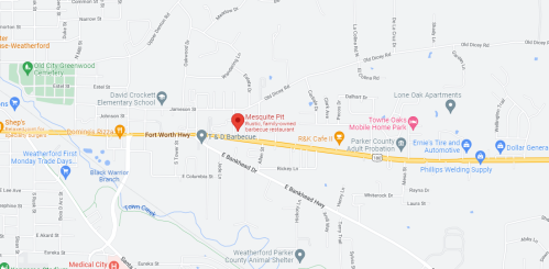 Map showing the location of Mesquite Pit Barbecue and nearby landmarks in Weatherford, Texas.