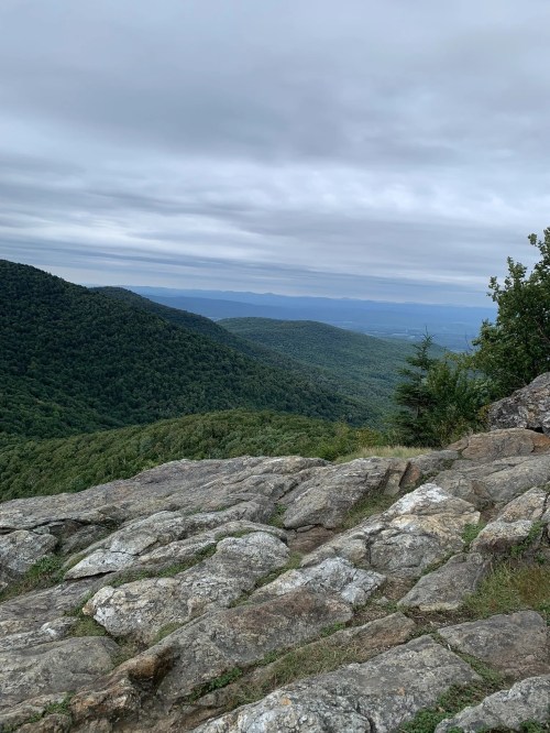 A rocky outcrop overlooks a lush green valley and distant mountains under a cloudy sky.