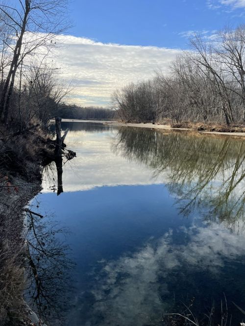 A serene river scene reflecting trees and clouds, with a calm water surface and a clear blue sky.