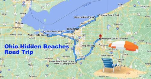 Map of Ohio highlighting a road trip route to hidden beaches, featuring locations like Geneva and Mosquito Lake State Park.
