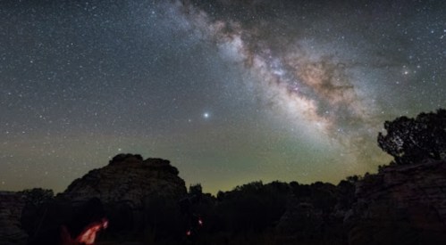 A stunning view of the Milky Way galaxy over rocky terrain, with silhouettes of people illuminated by red light.