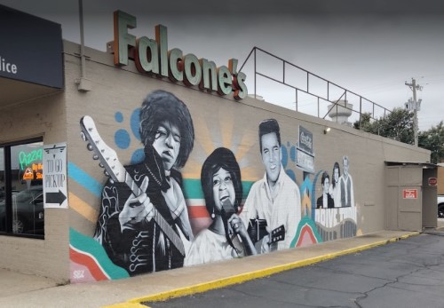 A mural on a building featuring iconic musicians, with vibrant colors and the name "Falcone's" above.