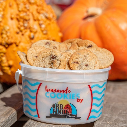 A clear bucket filled with homemade cookies, with pumpkins in the background, labeled "Orr Family Farm."