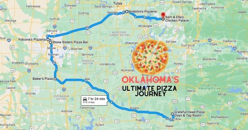 Map showing a route for "Oklahoma's Ultimate Pizza Journey," highlighting various pizzerias across the state.