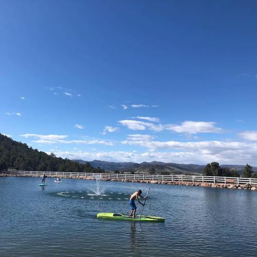 A person paddleboarding on a calm lake with others in the background, surrounded by trees and a clear blue sky.