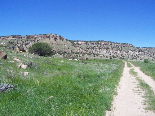 A dirt path winds through a grassy field, leading towards rocky hills under a clear blue sky.