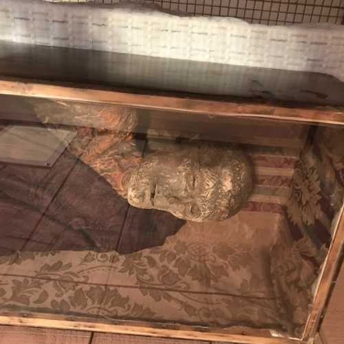 A partially visible sculpture of a head displayed in a glass case on a patterned surface.