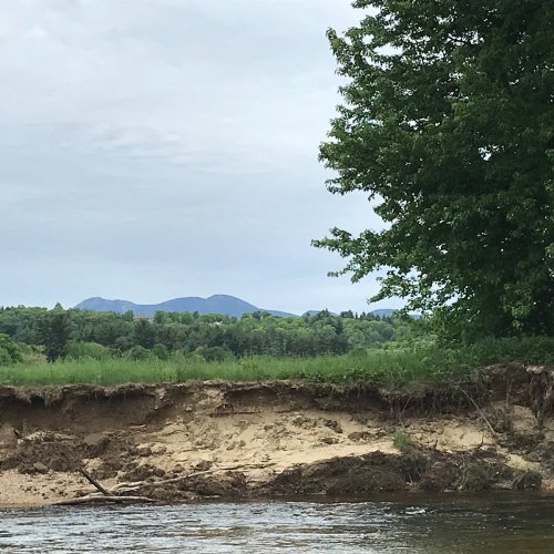 A serene riverbank with lush greenery and distant mountains under a cloudy sky.