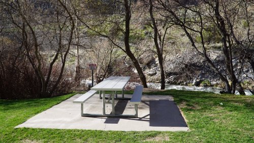 A picnic table on a concrete pad surrounded by trees and a flowing river in the background.