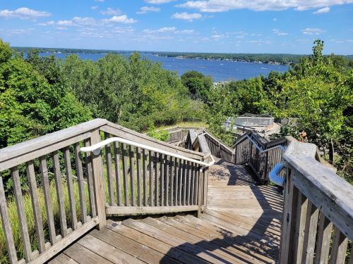 A wooden staircase leads down to a scenic view of a lake surrounded by trees under a blue sky with fluffy clouds.