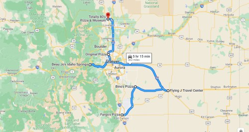 Map showing a route from Flying J Travel Center to Totally 80's Pizza & Museum, covering 302 miles in 5 hours 15 minutes.