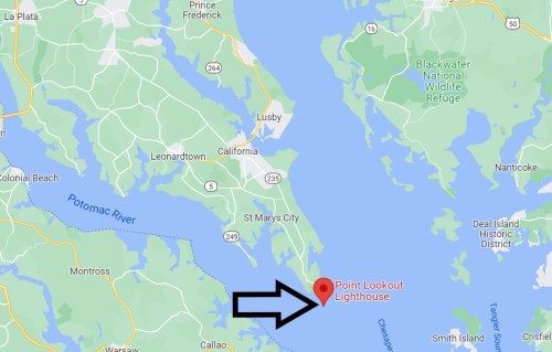 Map showing the location of Point Lookout Lighthouse, marked with an arrow, near St. Mary's City, Maryland.