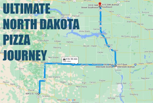 Map showing a route for the "Ultimate North Dakota Pizza Journey," highlighting key locations and distances.
