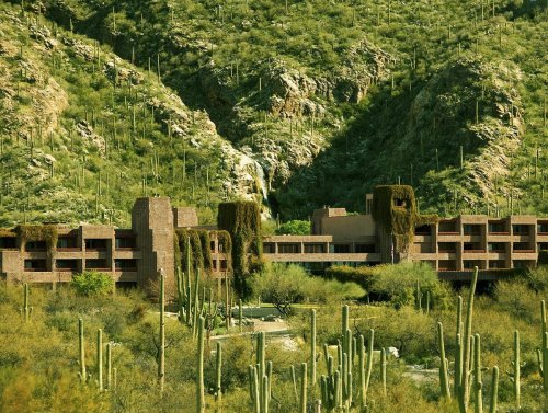 A desert resort nestled among green mountains and cacti, showcasing a blend of natural and architectural beauty.