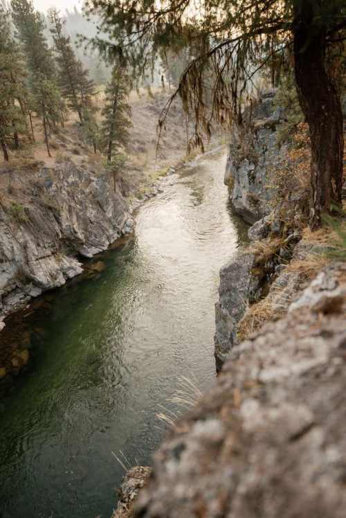 A serene river flows between rocky banks, surrounded by trees and a peaceful natural landscape.