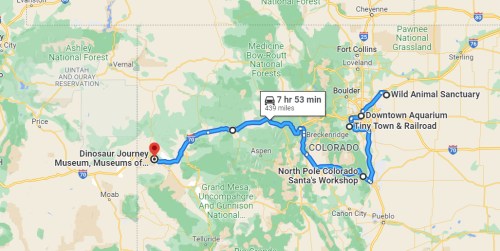 Map showing a route from Dinosaur Journey Museum to various attractions in Colorado, including Wild Animal Sanctuary and Downtown Aquarium.