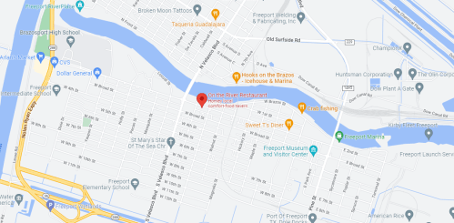 Map showing the location of "On the River Restaurant" near the Brazos River in Freeport, Texas.